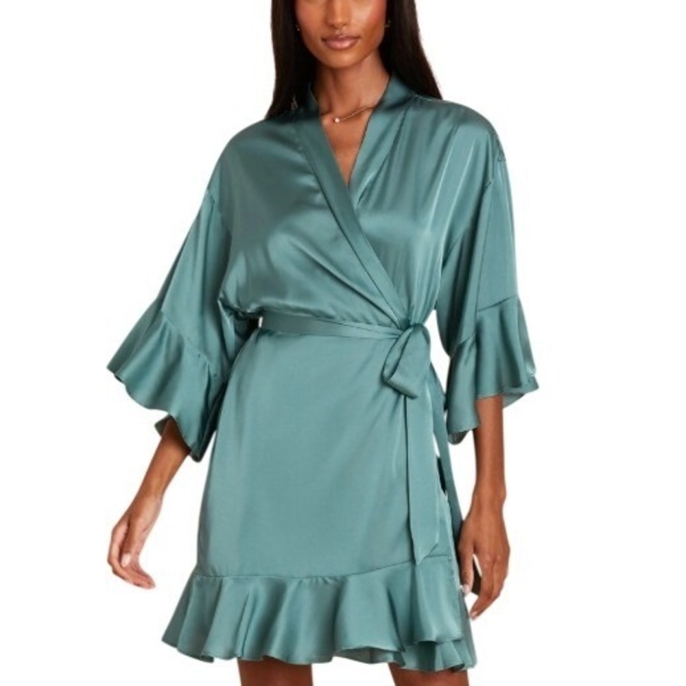 Birdy Grey M/L Teal Blue Satin Bell Sleeve Robe Bridal Bachelorette Morning GRWM
